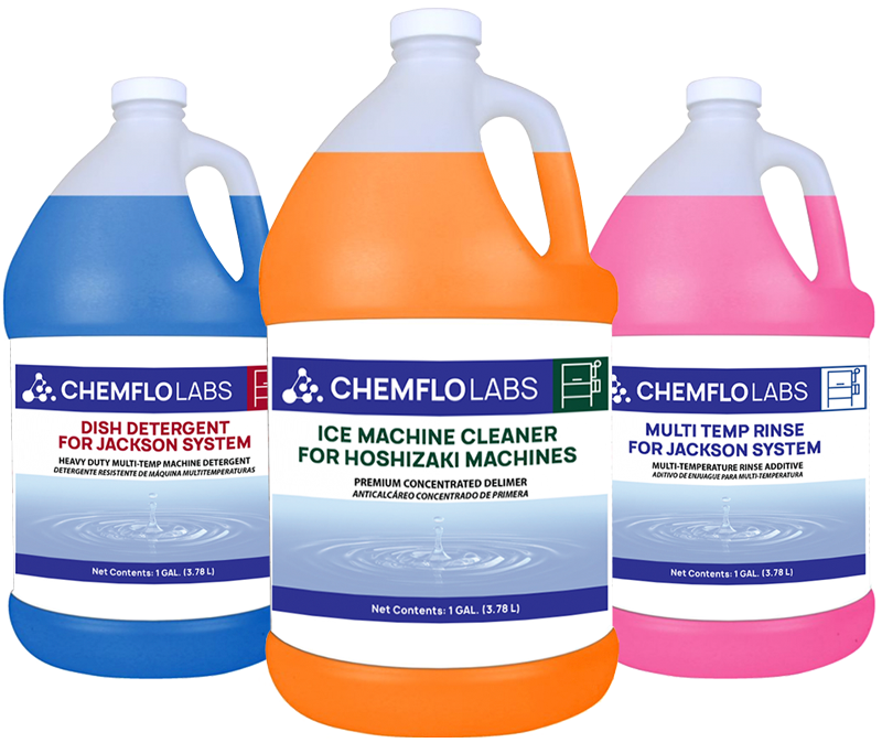 Three bottles of Chemflo Labs cleaning products: dishwasher detergent for Jackson system, ice machine cleaner for Hoshizaki machines, and multi-temp rinse for Jackson system.