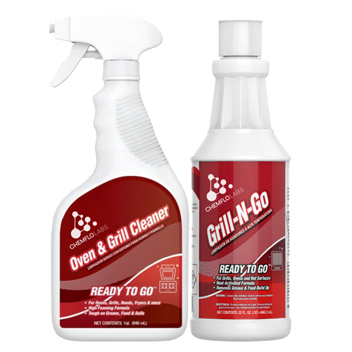 Two bottles of Chemlflo Labs oven and grill cleaner, one spray bottle and one liquid bottle, both with red labels and white caps.