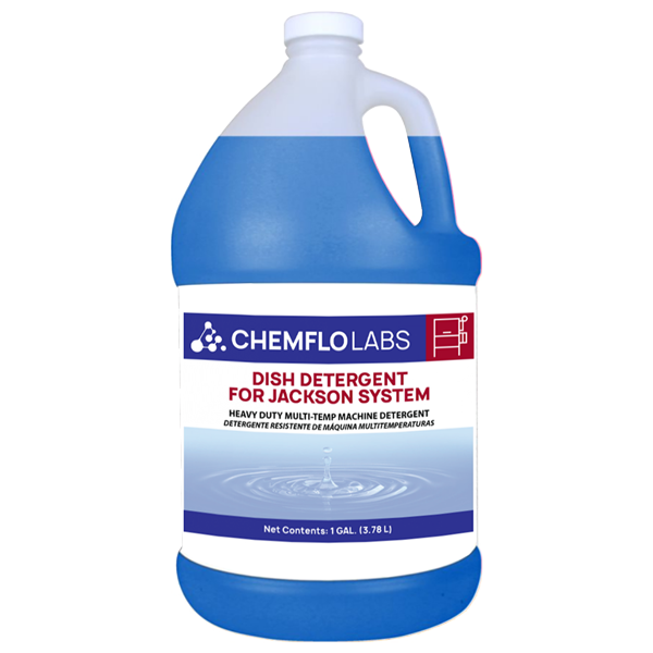 A one-gallon jug of CHEMFLABS dish detergent for Jackson system, labeled as heavy-duty multi-temp machine detergent, in blue and white packaging.