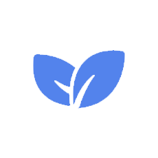 Blue and black logo featuring two stylized leaves.