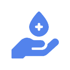 Icon of a hand holding a droplet with a medical cross inside the droplet, representing healthcare or blood donation.