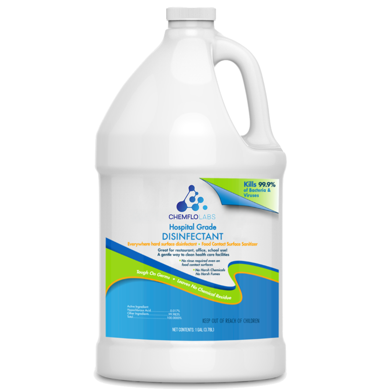 A gallon bottle of Chemflo Labs hospital-grade disinfectant with a white background, blue and green label, and a handle on the side.