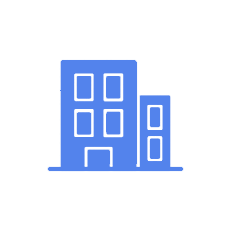 Simple illustration of two blue buildings, a larger one and a smaller one, with windows and doors.