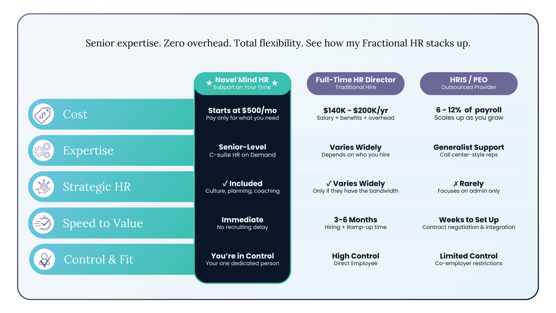 Comparison chart showing costs, expertise, strategic HR, speed to value, and control features of Novel Mind HR versus traditional HR directors and outsourced HR providers.