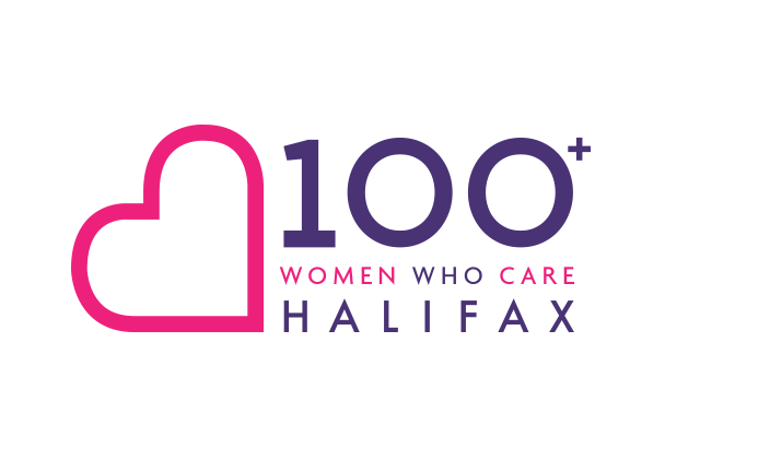 Logo with a pink heart outline and the text '100+ WOMEN WHO CARE HALIFAX' in purple and pink letters.