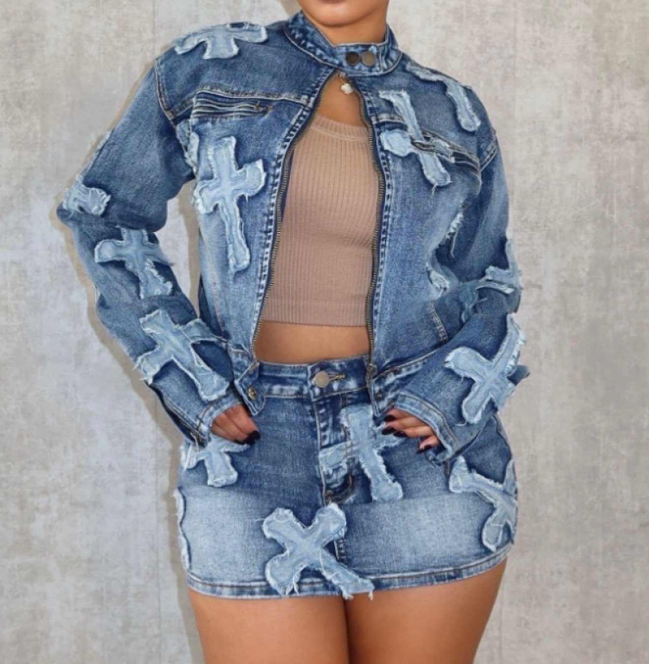 Embroidery Patchwork Denim Jacket Skirt Set