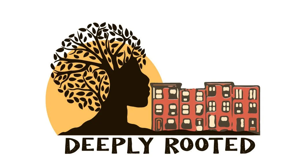 Silhouette of a woman's face merged with a tree, with buildings in the background and the words "Deeply Rooted" underneath.