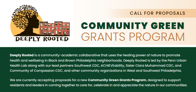 Community Green Grants Program announcement from Deeply Rooted with logo featuring a tree and a neighborhood