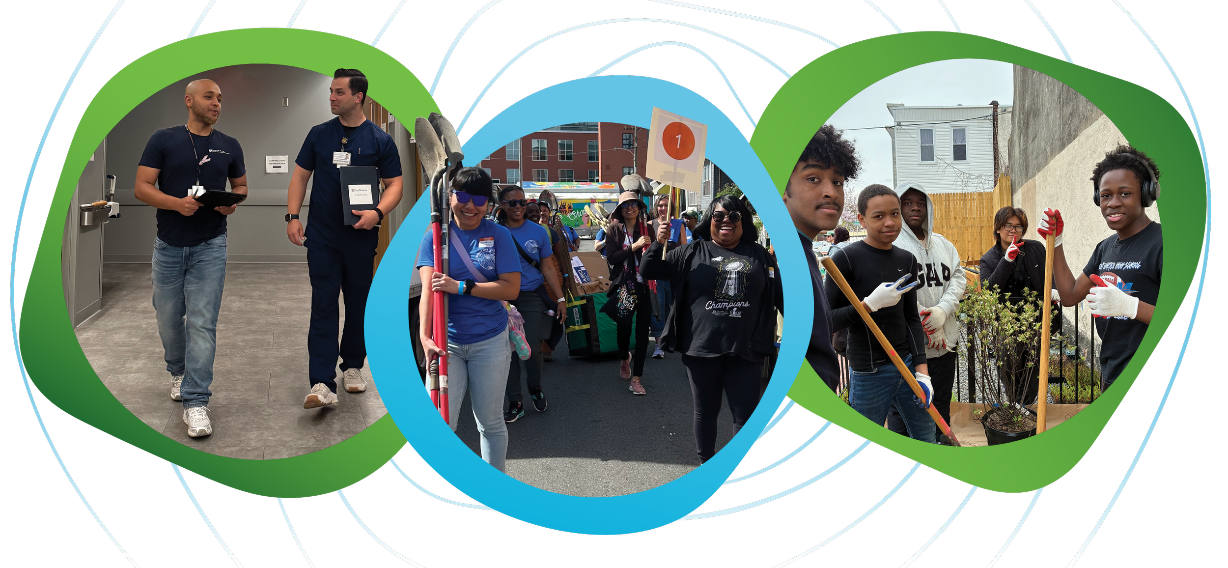 Collage of three groups of people involved in community activities, connected by overlapping colored circles.