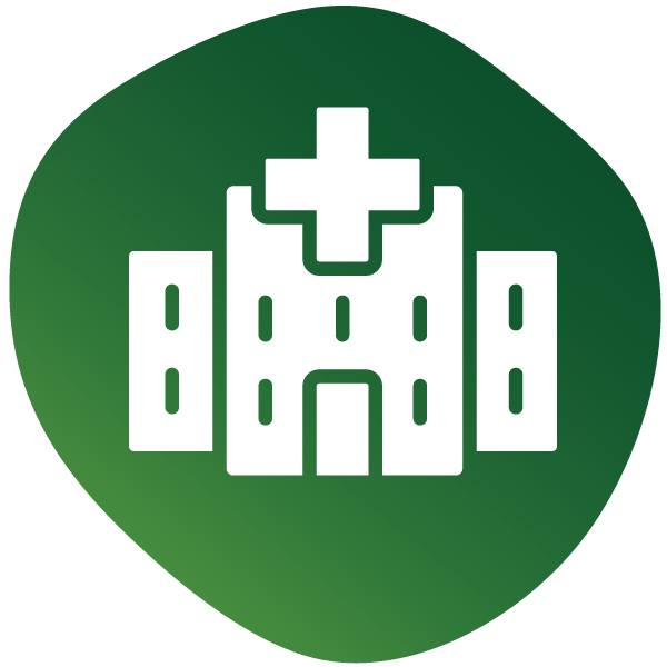 Icon of a hospital building with a cross on top, set against a green circular background.
