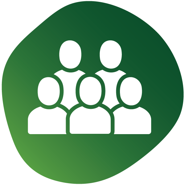 Icon of six white faceless people grouped together on a green background.