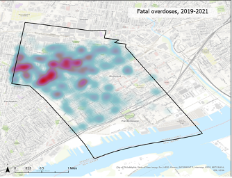 Heatmap of fatal opioid overdoses in a city from 2019 to 2021, showing concentration in certain areas.
