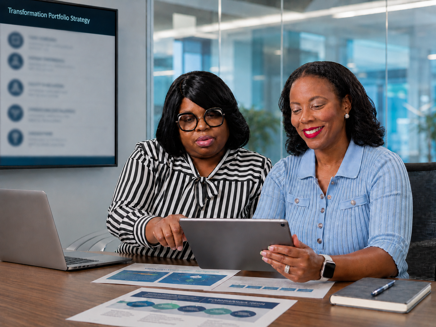 Two women reviewing documents and a tablet at a conference table in an office.