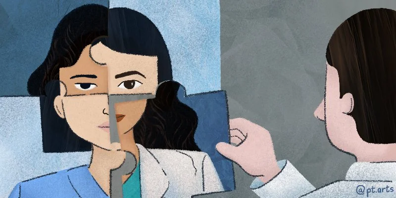 An illustration of a woman looking at a mirror held by a person with short brown hair, showing her face with dark hair and makeup.