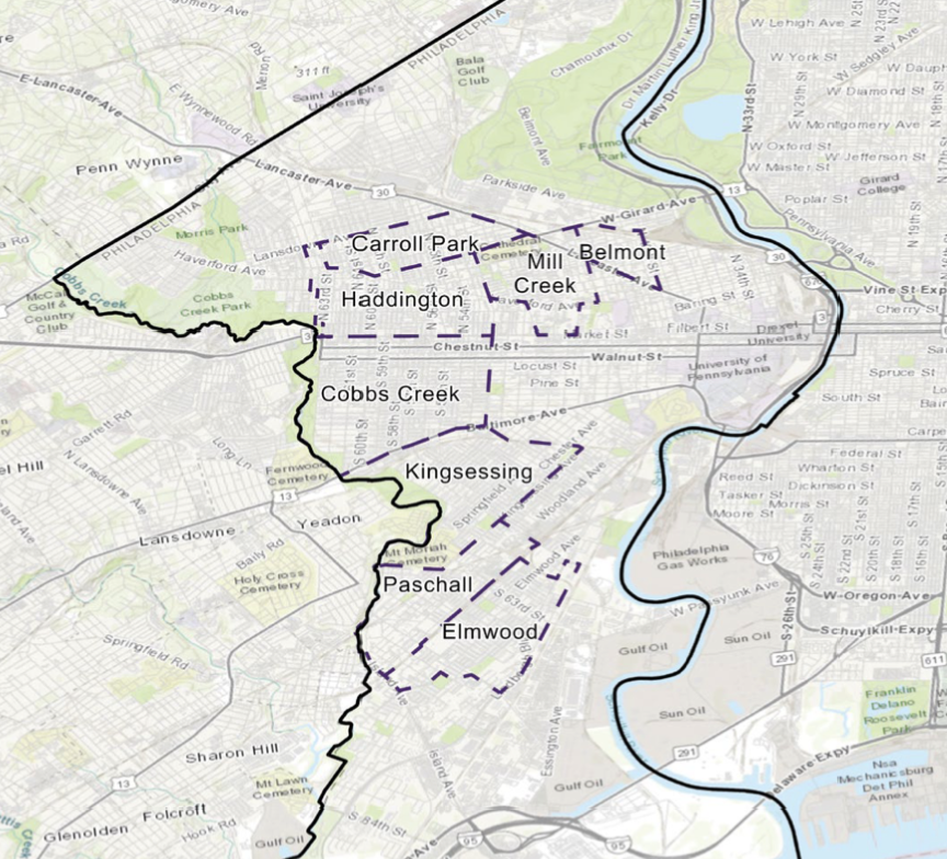 Map of Philadelphia neighborhoods, including Carroll Park, Haddington, Cobbs Creek, Kingsessing, Paschall, Elmwood, with boundaries marked.