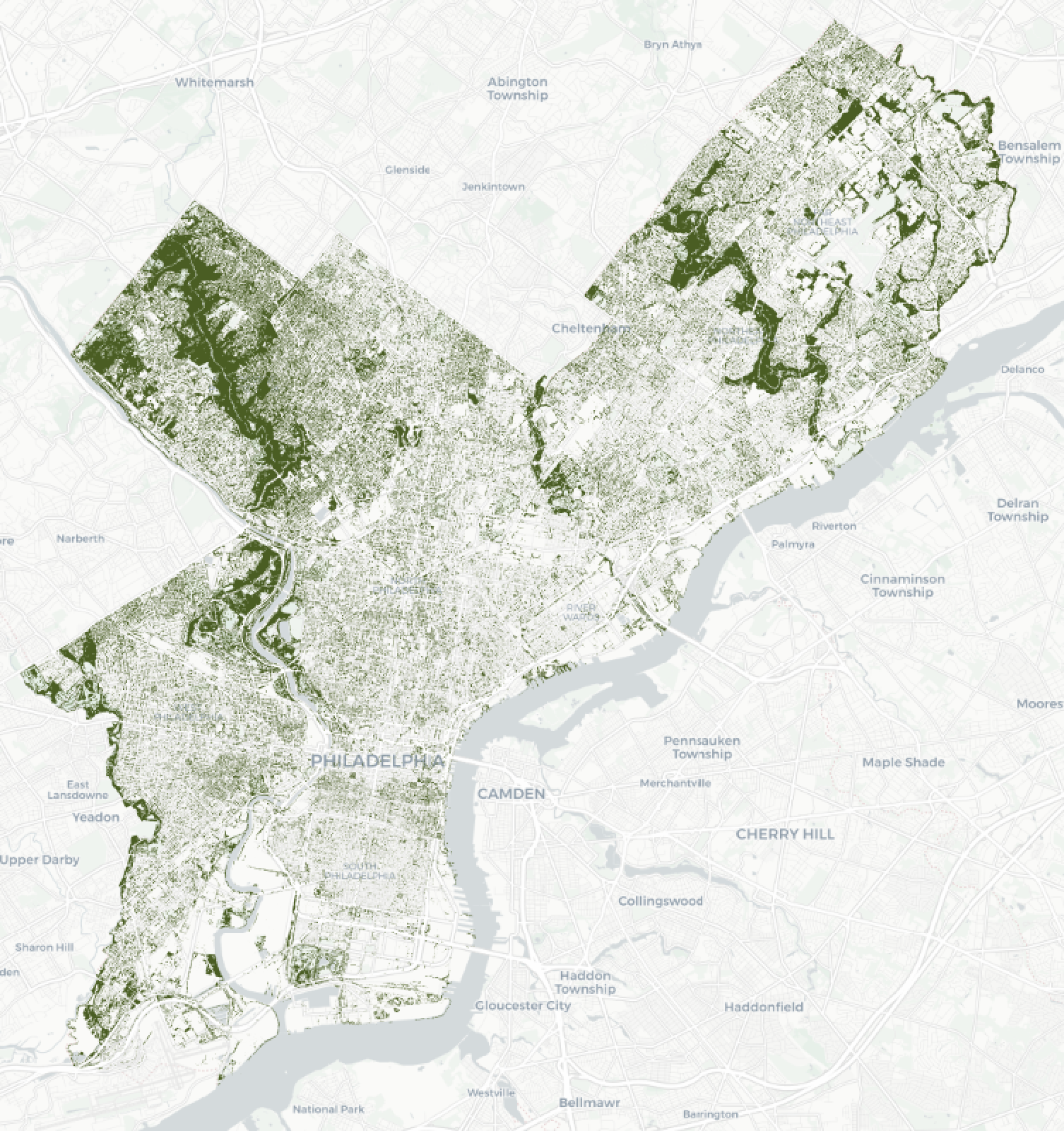 A map showing parts of Philadelphia, Pennsylvania with green areas indicating parks or natural spaces.