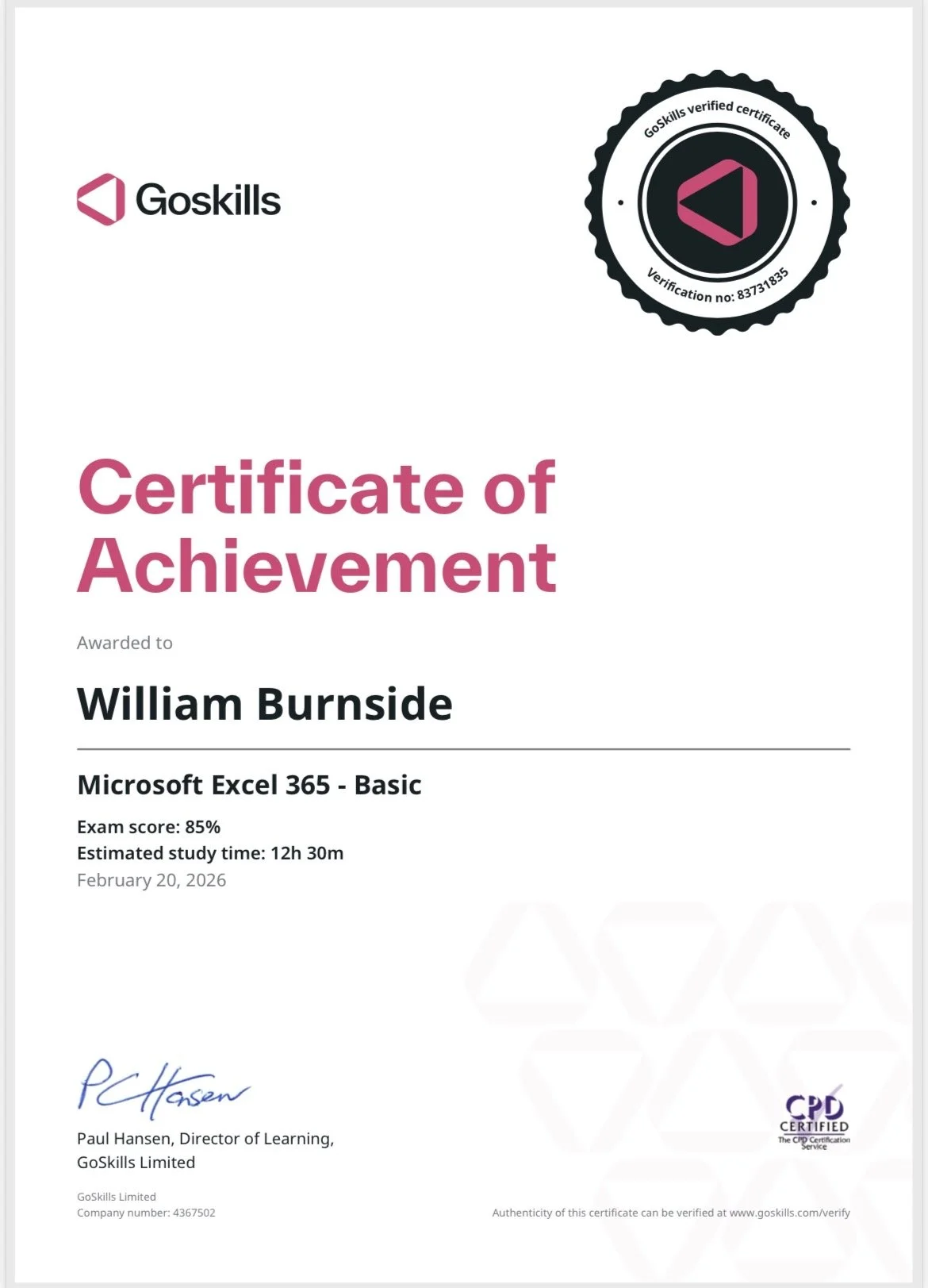 Certificate of Achievement Go Skills
