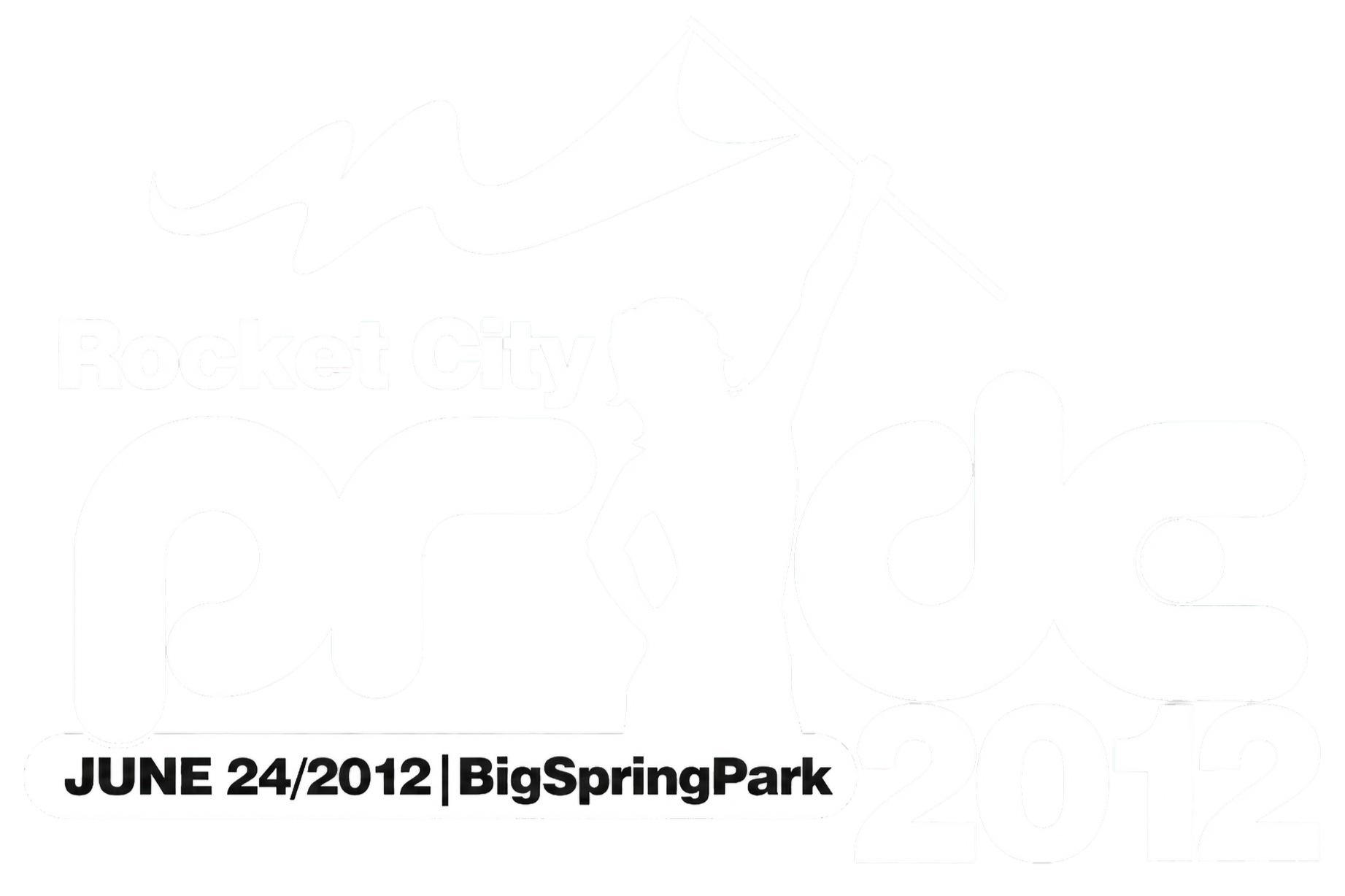 Rocket City Pride 2012 logo for the June 24 event at Big Spring Park in Huntsville, featuring a flag bearer silhouette and Pride branding.