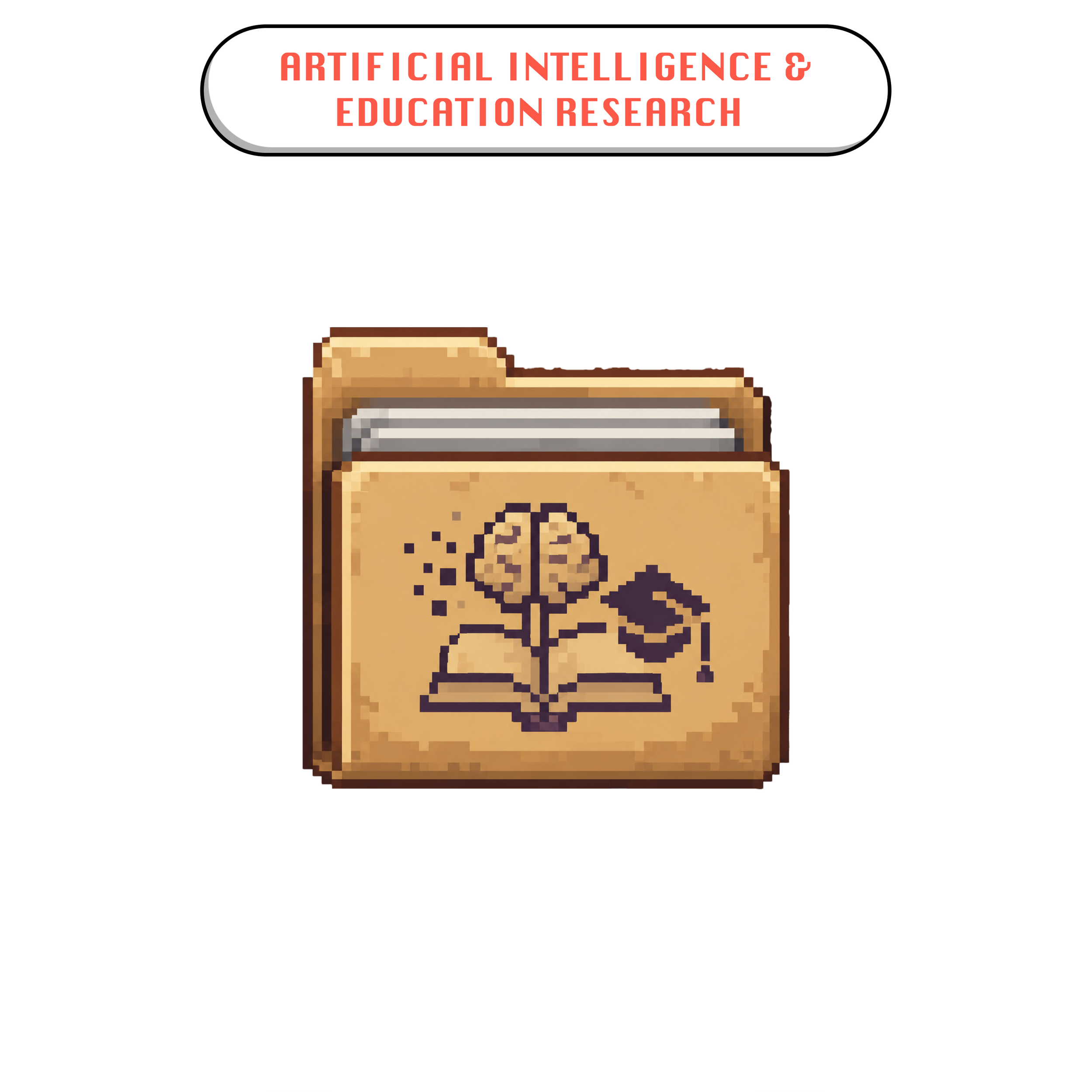 Pixel art folder icon representing artificial intelligence and education research, with a brain, open book, and graduation cap symbolizing AI assessment and learning.