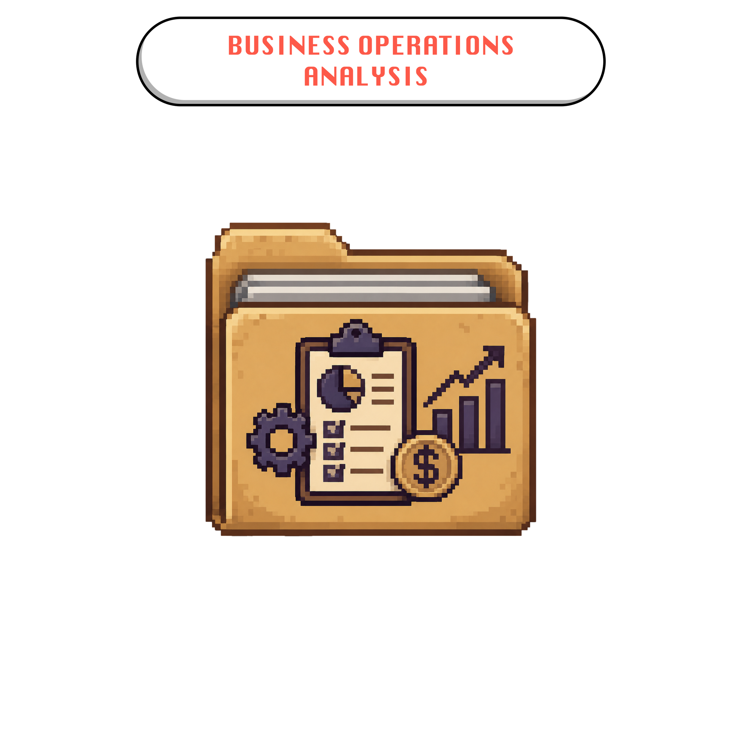 Pixel art folder icon representing business operations analysis, with a clipboard, checklist, gear, dollar coin, and rising chart symbolizing operational insight.