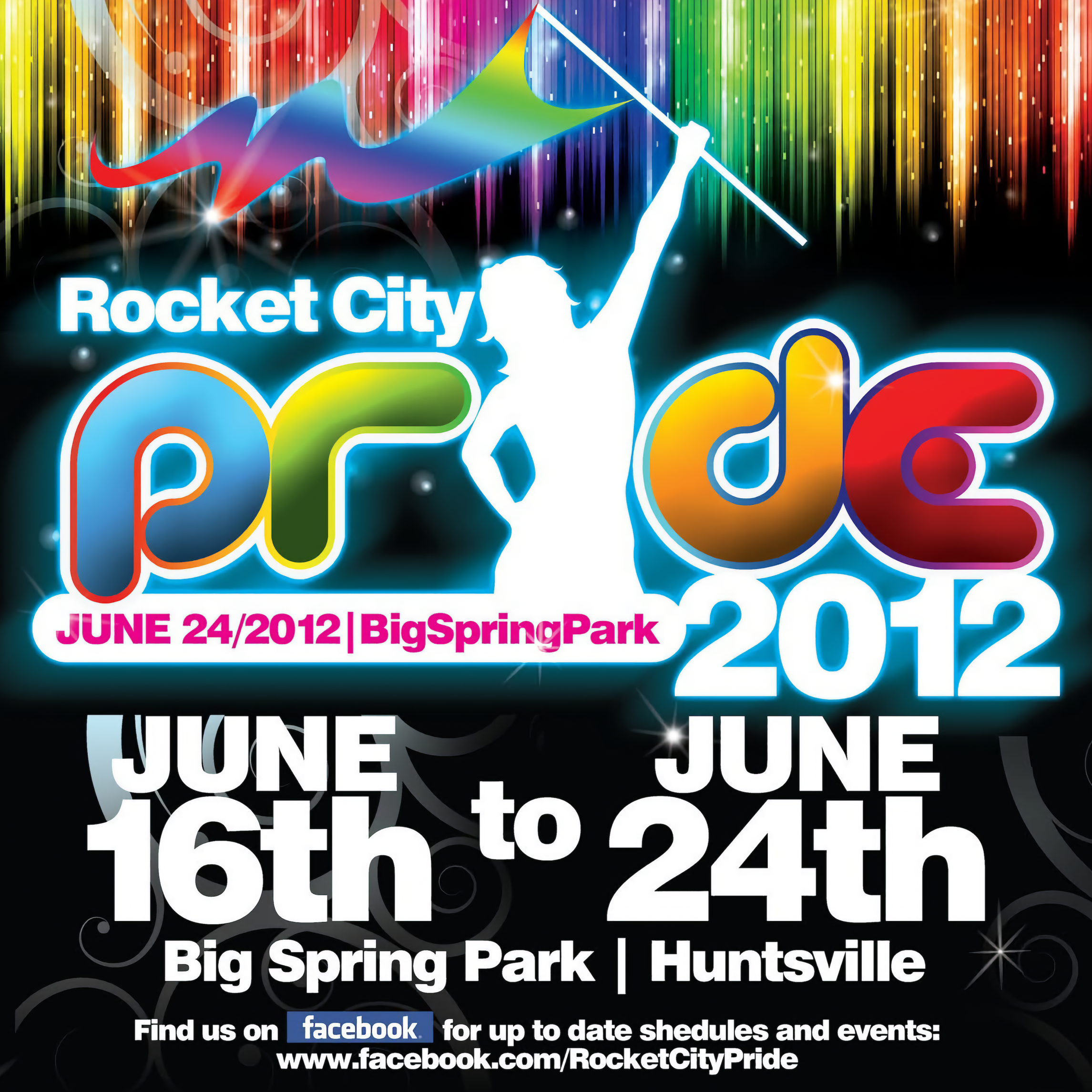 Rocket City Pride 2012 promotional poster for Big Spring Park programming, representing event marketing, LGBTQ+ community engagement, and Pride visibility in Huntsville.