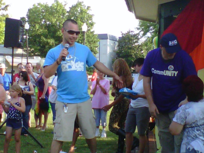 LaRue Wisener speaking at Rocket City Pride 2012, representing LGBTQ+ community engagement, event leadership, and public communication in Huntsville.
