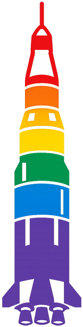A rainbow colored Saturn V rocket