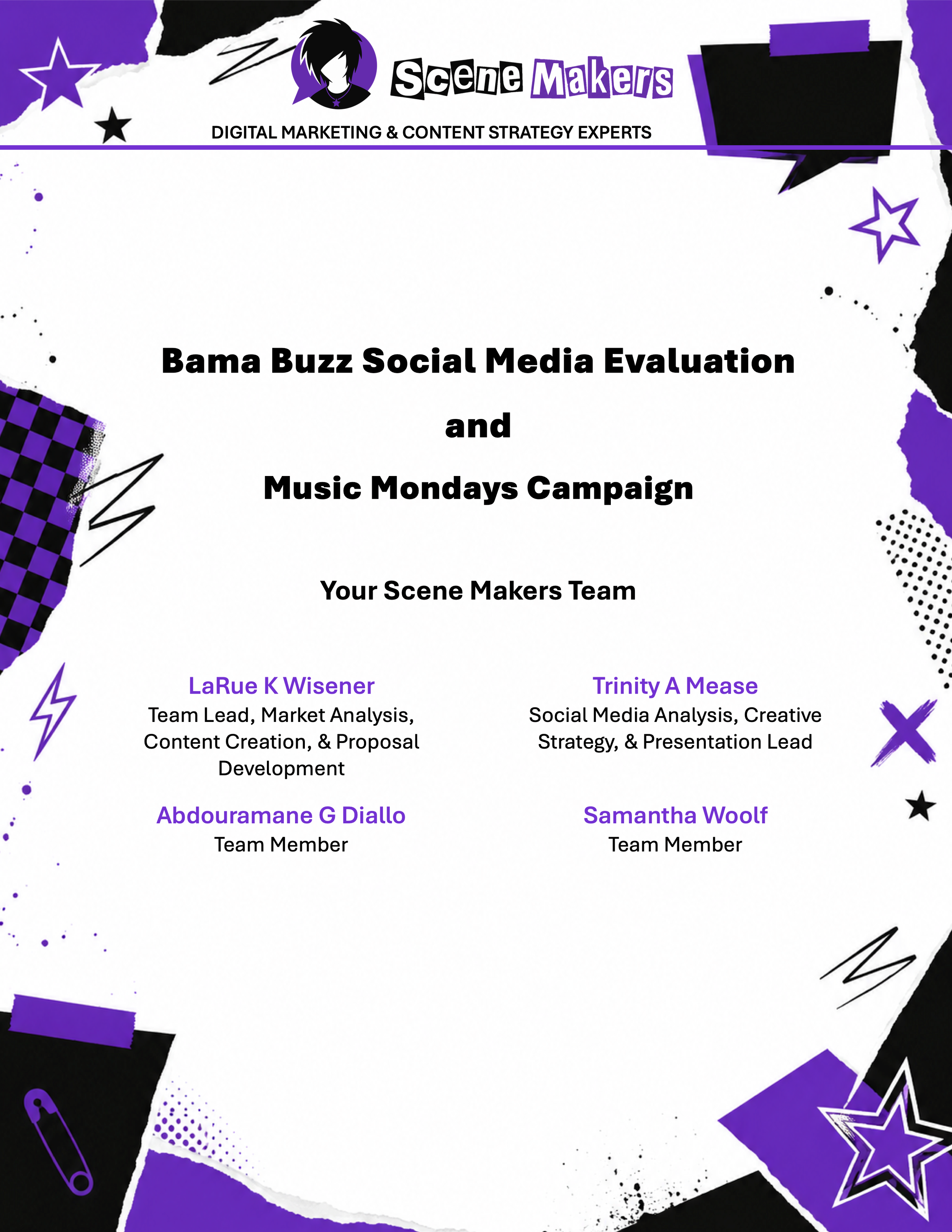 Cover page of a social media strategy proposal for Bama Buzz outlining audience growth recommendations, content strategy, demographic analysis, and the Music Mondays campaign.