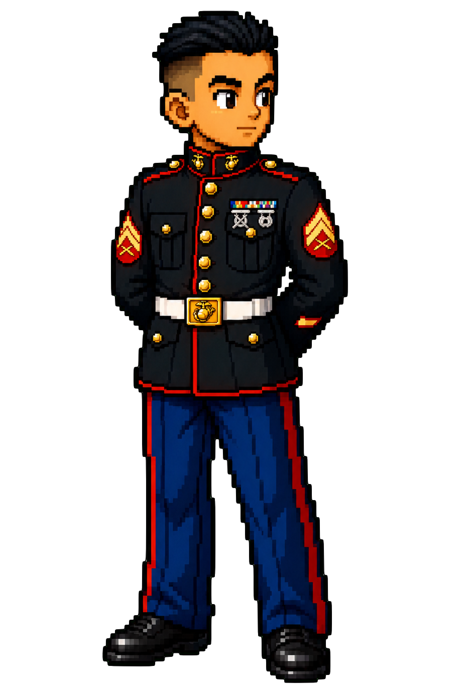 Pixel art illustration of a young LaRue Wisener in Marine dress uniform with ribbons and badges.