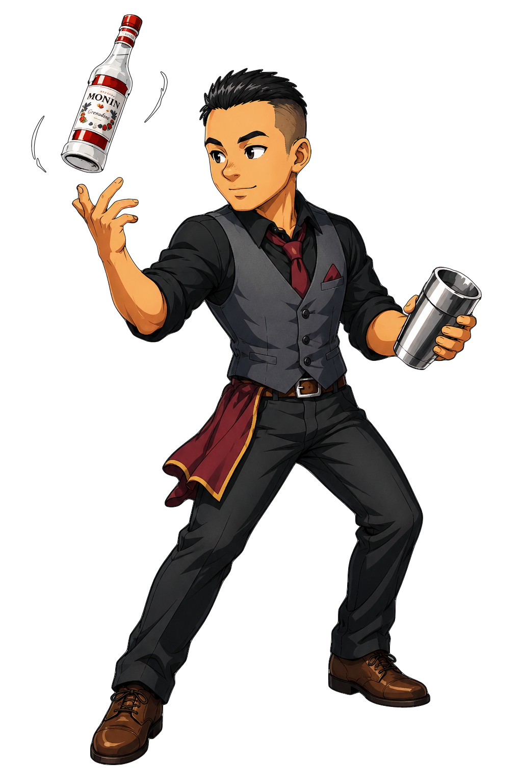 Anime-style LaRue avatar in a bartender outfit, tossing a bottle while holding a shaker.