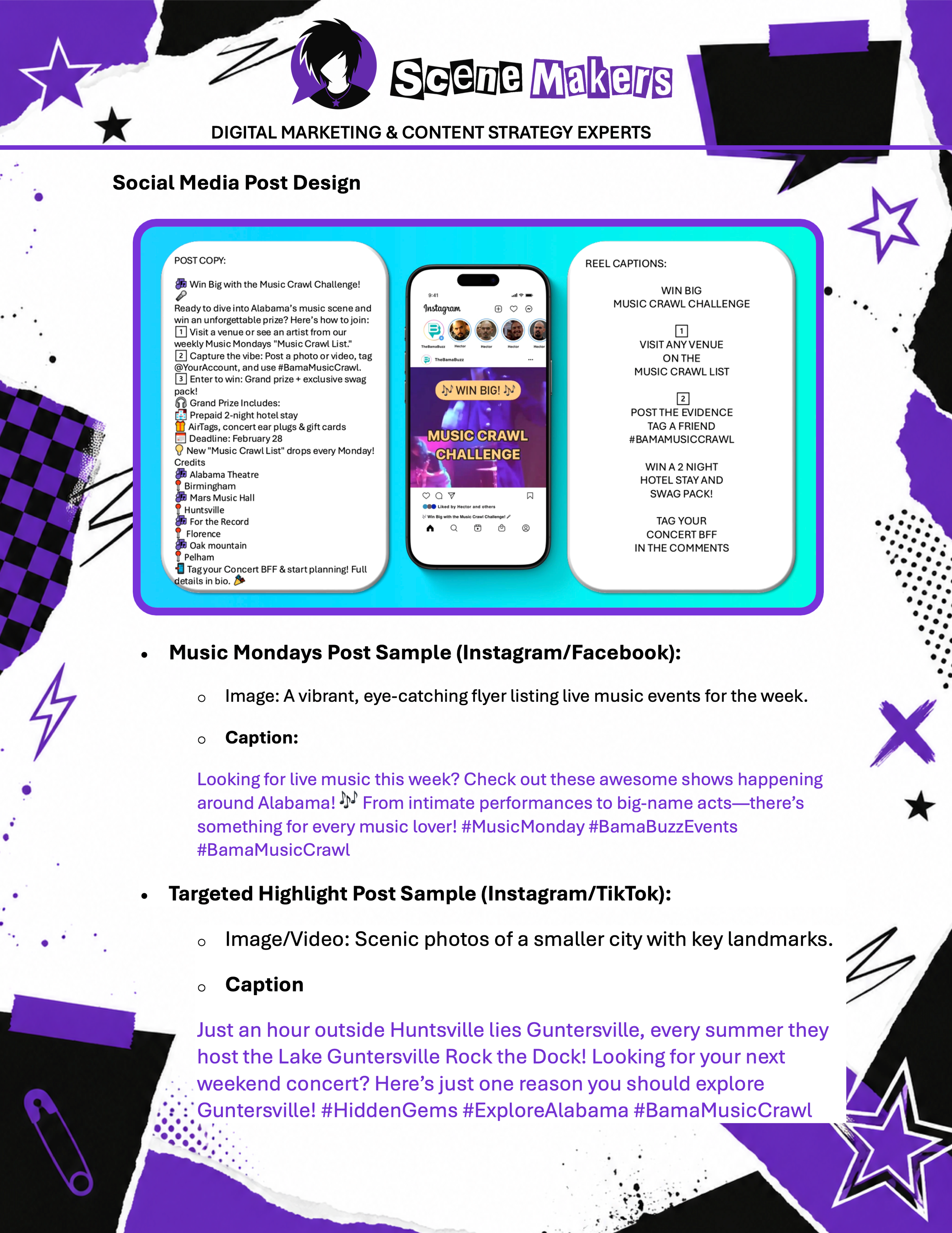 Social media marketing mockups for the Bama Buzz Music Mondays campaign featuring Instagram content, user-generated engagement concepts, and the Music Crawl Challenge.