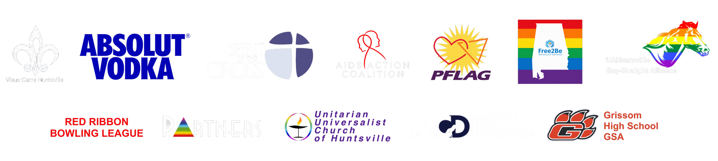 Rocket City Pride 2012 Sponsors, Absolut Vodka, Vieux Carre, Spirit of the Cross, AIDS Action Coalition, PFLAG, Free2Be, Madison County Democrats, Unitarian Universalist Church of Huntsville, UAH GSA, Grissom GSA, Red Ribbon Bowling League,
