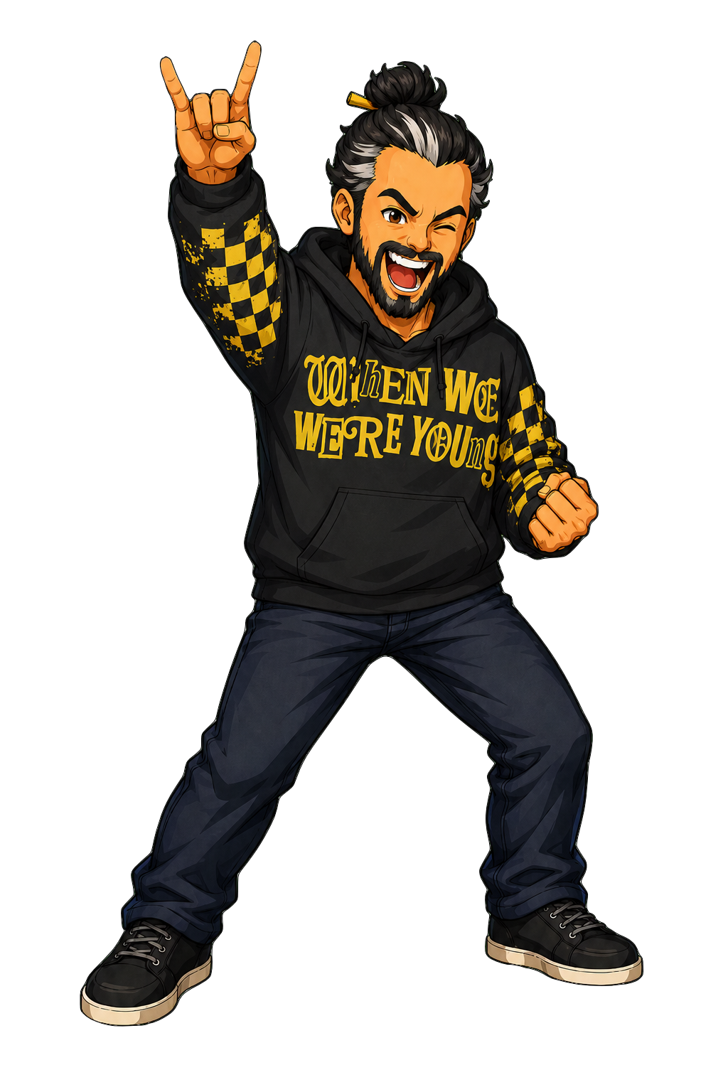 Anime-style LaRue avatar in a black “When We Were Young” hoodie, throwing a rock hand sign.