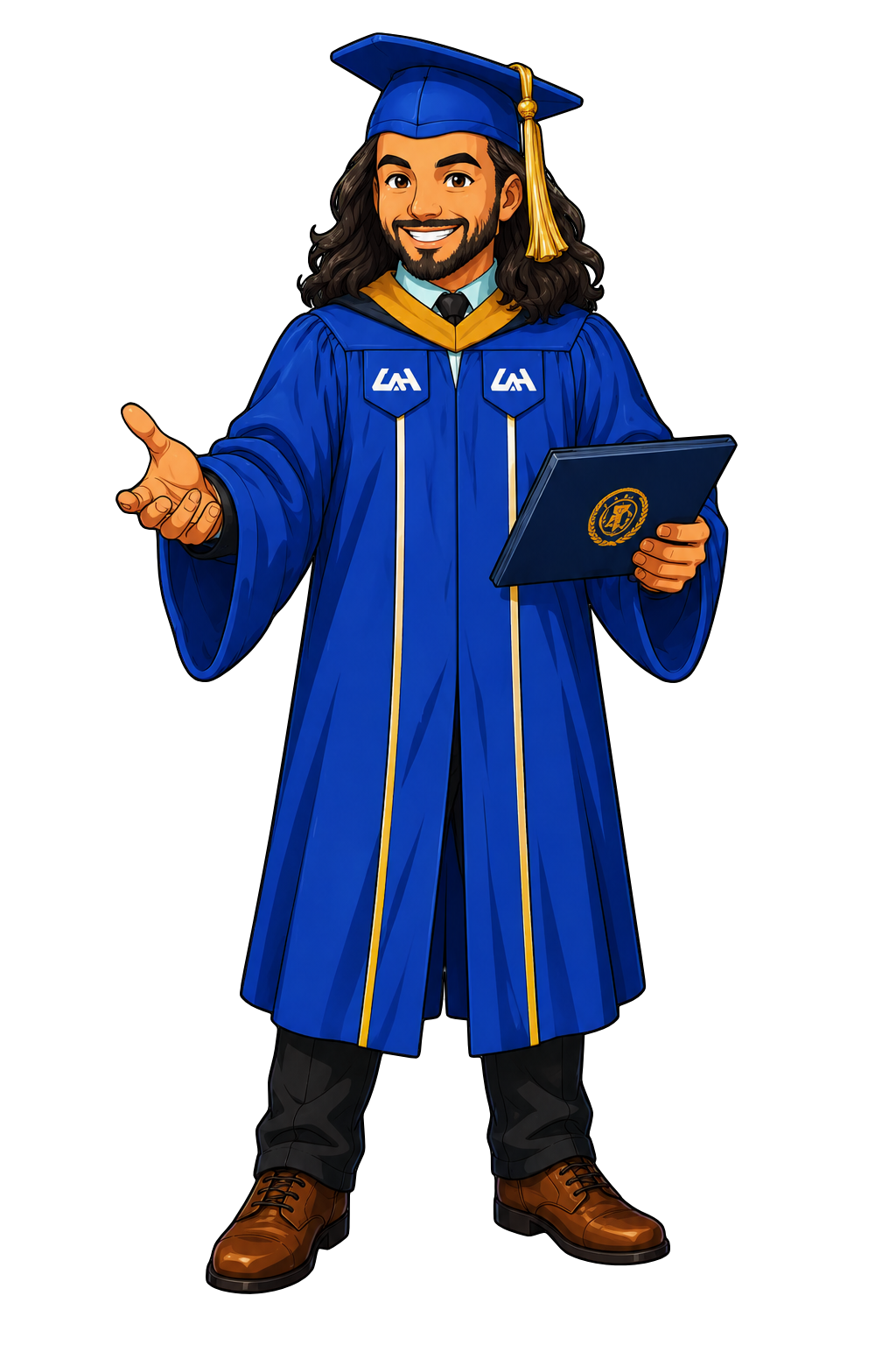 Anime-style LaRue avatar in blue graduation regalia, holding a diploma folder and gesturing forward.