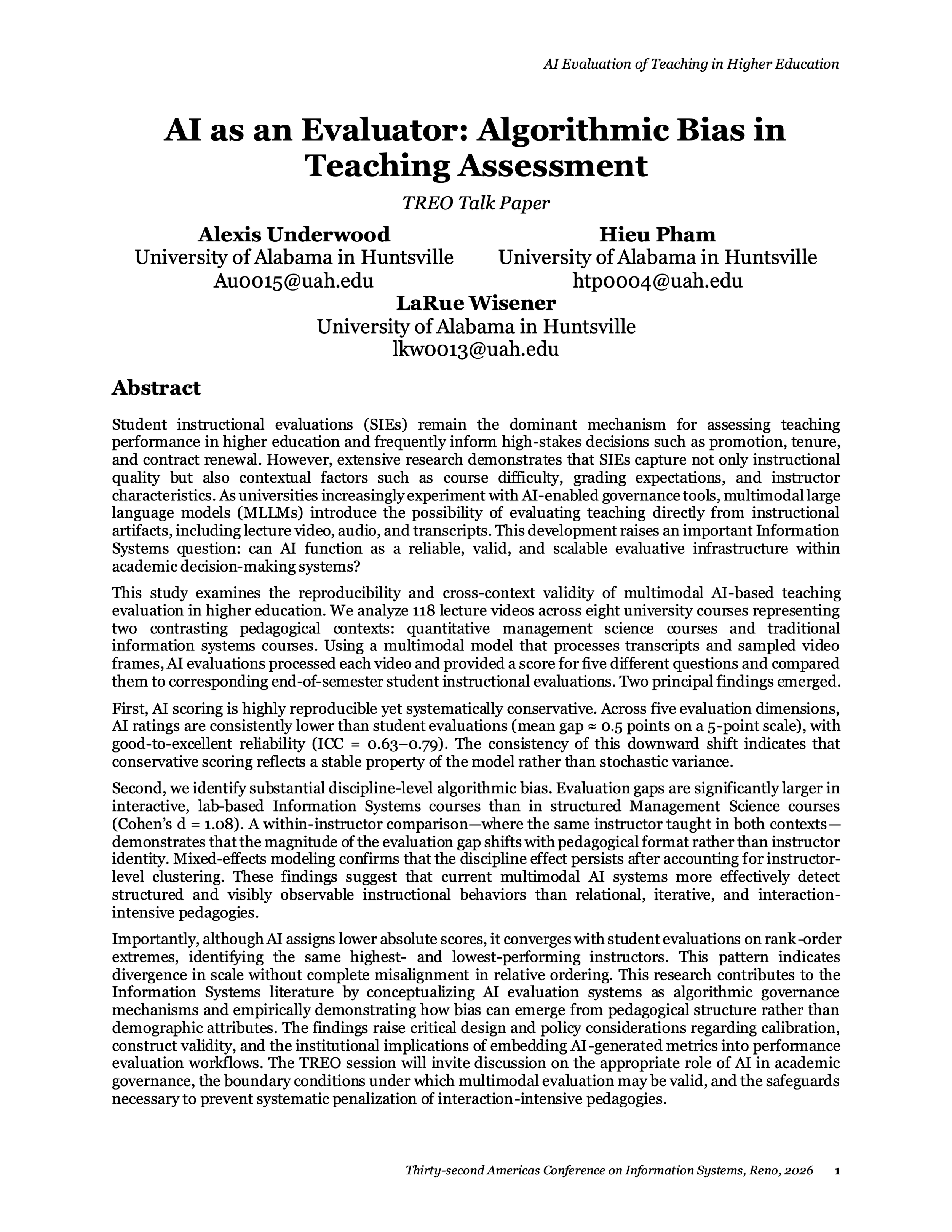 Title page of AI as an Evaluator research paper on algorithmic bias in teaching assessment by Alexis Underwood, Hieu Pham, and LaRue Wisener.