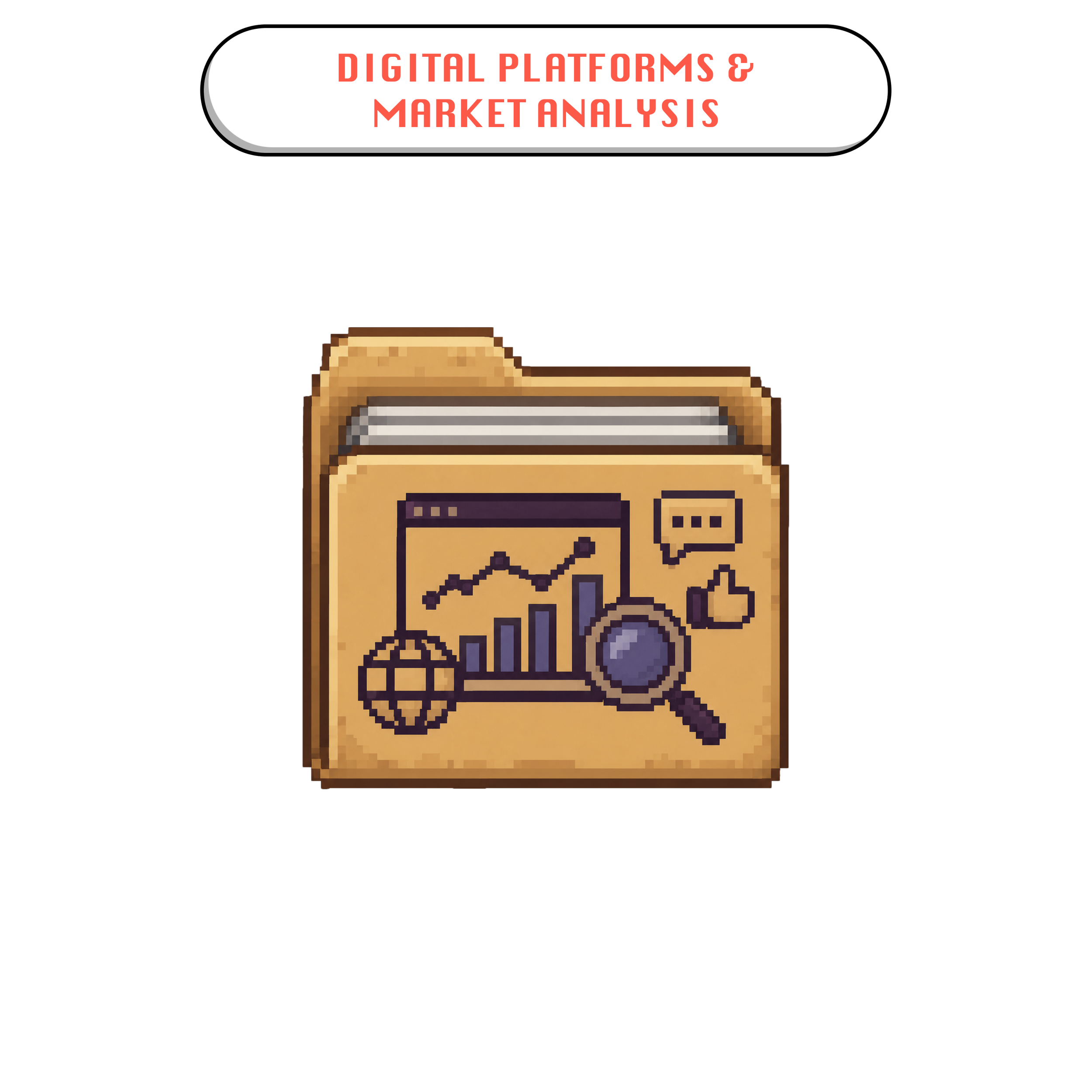 Pixel art folder icon representing digital platform and market analysis, with charts, a magnifying glass, globe, chat bubble, and engagement symbols.