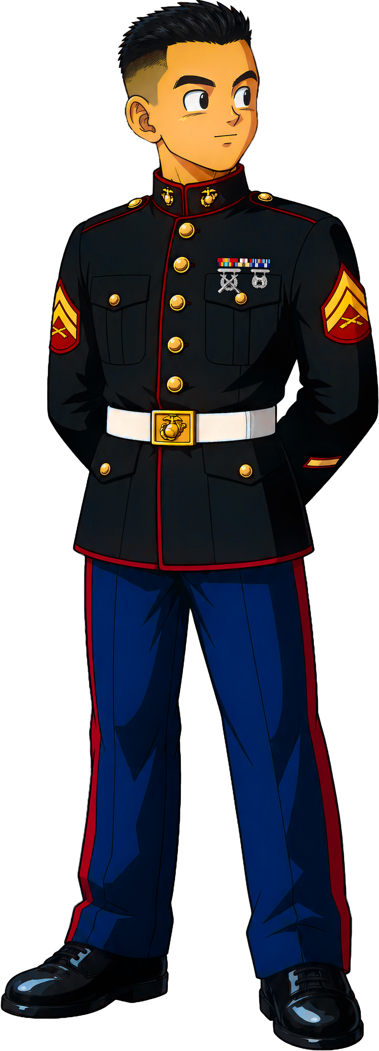 Anime-style LaRue avatar in Marine dress blues, standing formally with hands behind his back at ease.