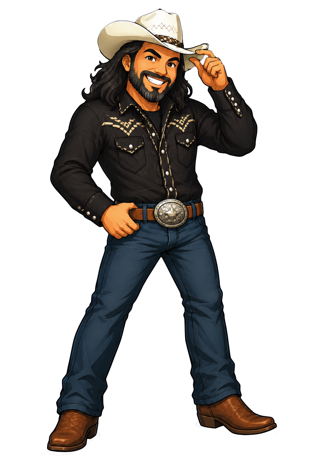 Anime-style LaRue avatar in a black western shirt and white cowboy hat, smiling and tipping the brim.