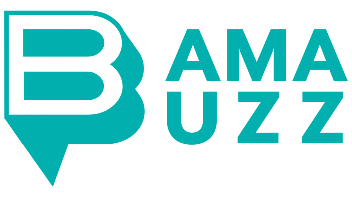 Logo for Bama Buzz with a stylized chat bubble containing the letter B and text 'Bama Buzz' in turquoise.