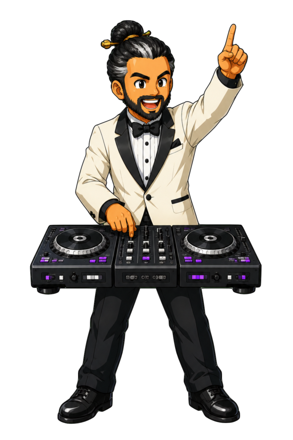 LaRue Wisener, with a beard and long hair in a bun, dressed in a white tuxedo with black lapels, a black bow tie, and black shoes. DJing with a MIDI, raising one finger, and smiling.
