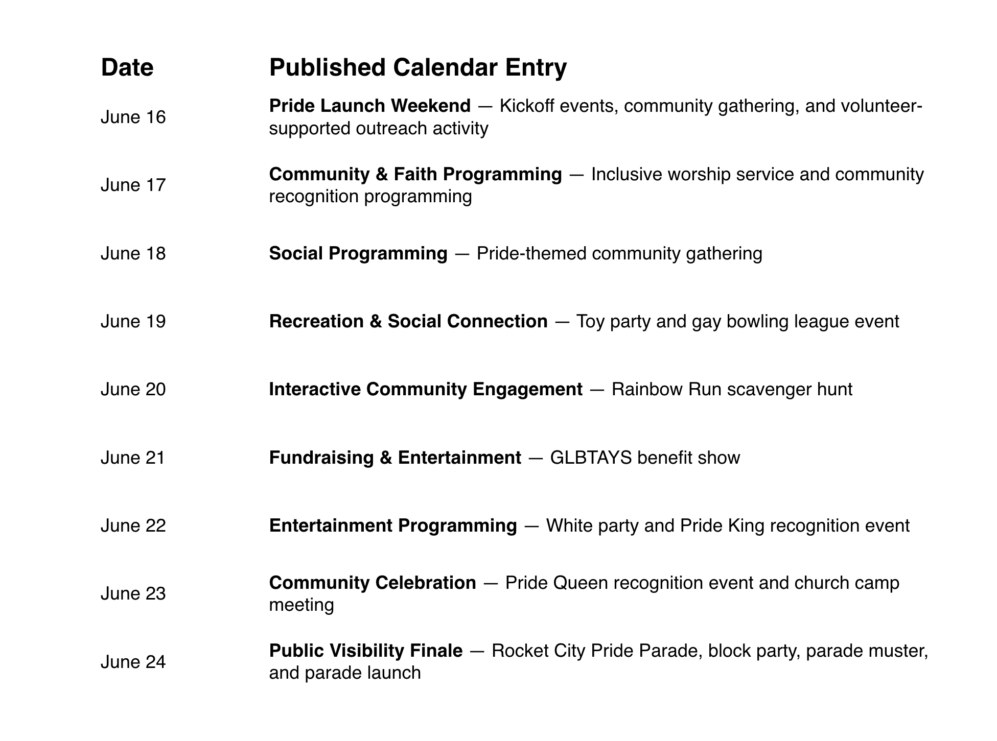 Rocket City Pride 2012 calendar showing June 16–24 community programming, including launch weekend, faith programming, social events, fundraising, entertainment, and the public visibility finale.