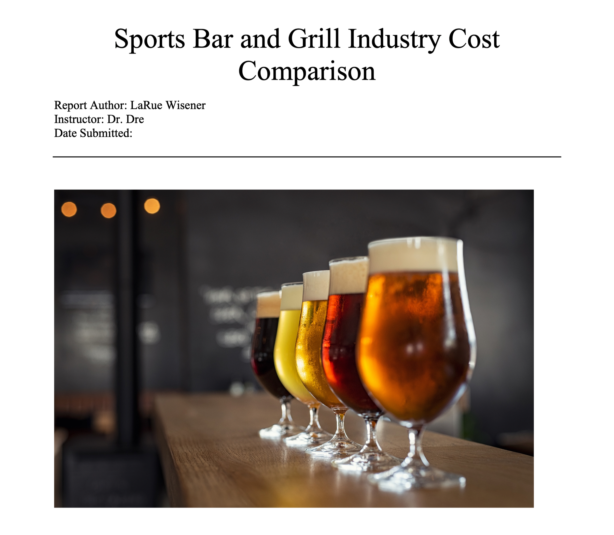 Business analysis report on sports bar and grill industry cost comparison, including labor, entertainment, utilities, and marketing expenses.