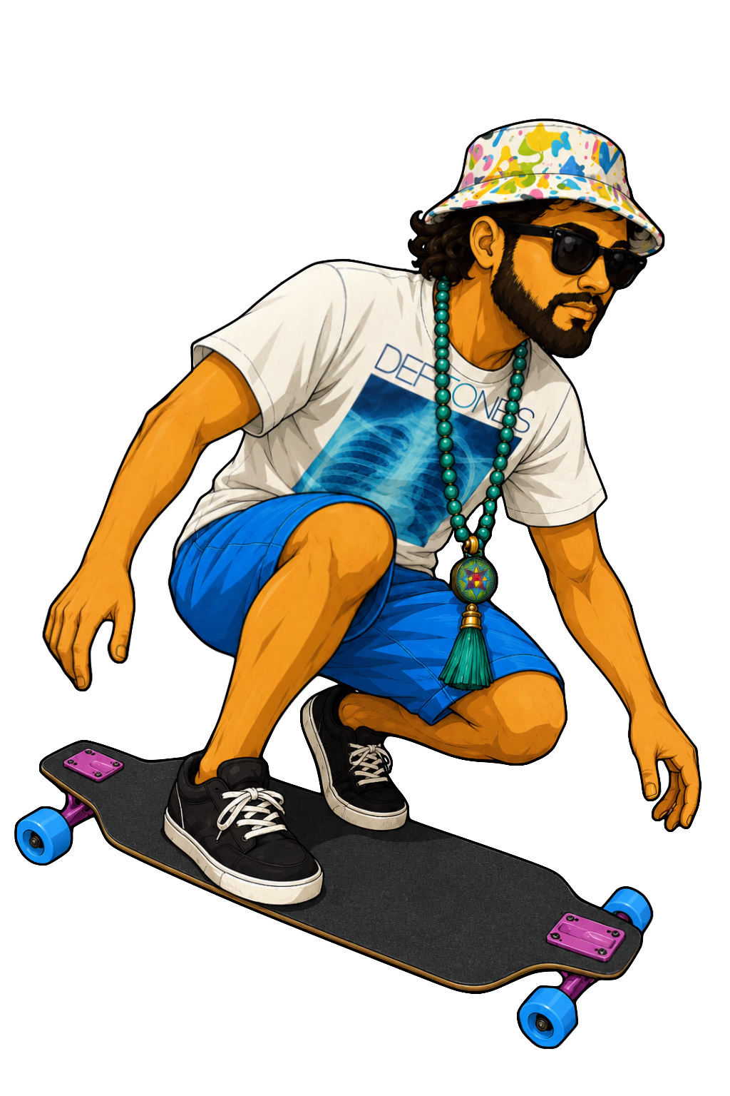 Anime-style LaRue avatar crouched on a longboard, wearing blue shorts, sunglasses, beads, and a patterned hat.