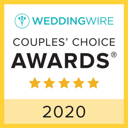 WeddingWire Couples' Choice Awards 2020 badge with five stars on a yellow background
