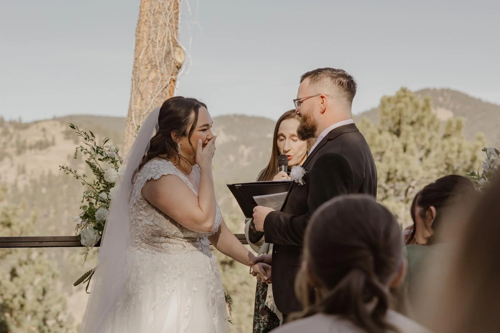 Jane Gorman officiating outdoor Colorado mountain wedding ceremony