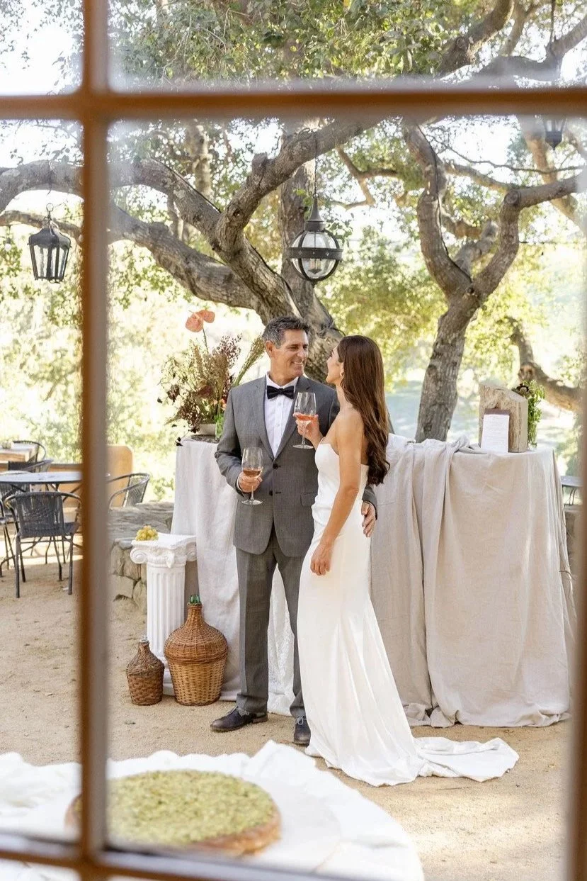 A couple in wedding attire, a groom in a gray suit with a black bow tie and a bride in a white strapless wedding gown, standing outdoors on a sandy surface, holding wine glasses, and looking at each other lovingly. Behind them, there is a decorated table with flowers and greenery, a large tree with hanging lanterns, and a sunny, green, natural background seen through a window frame.