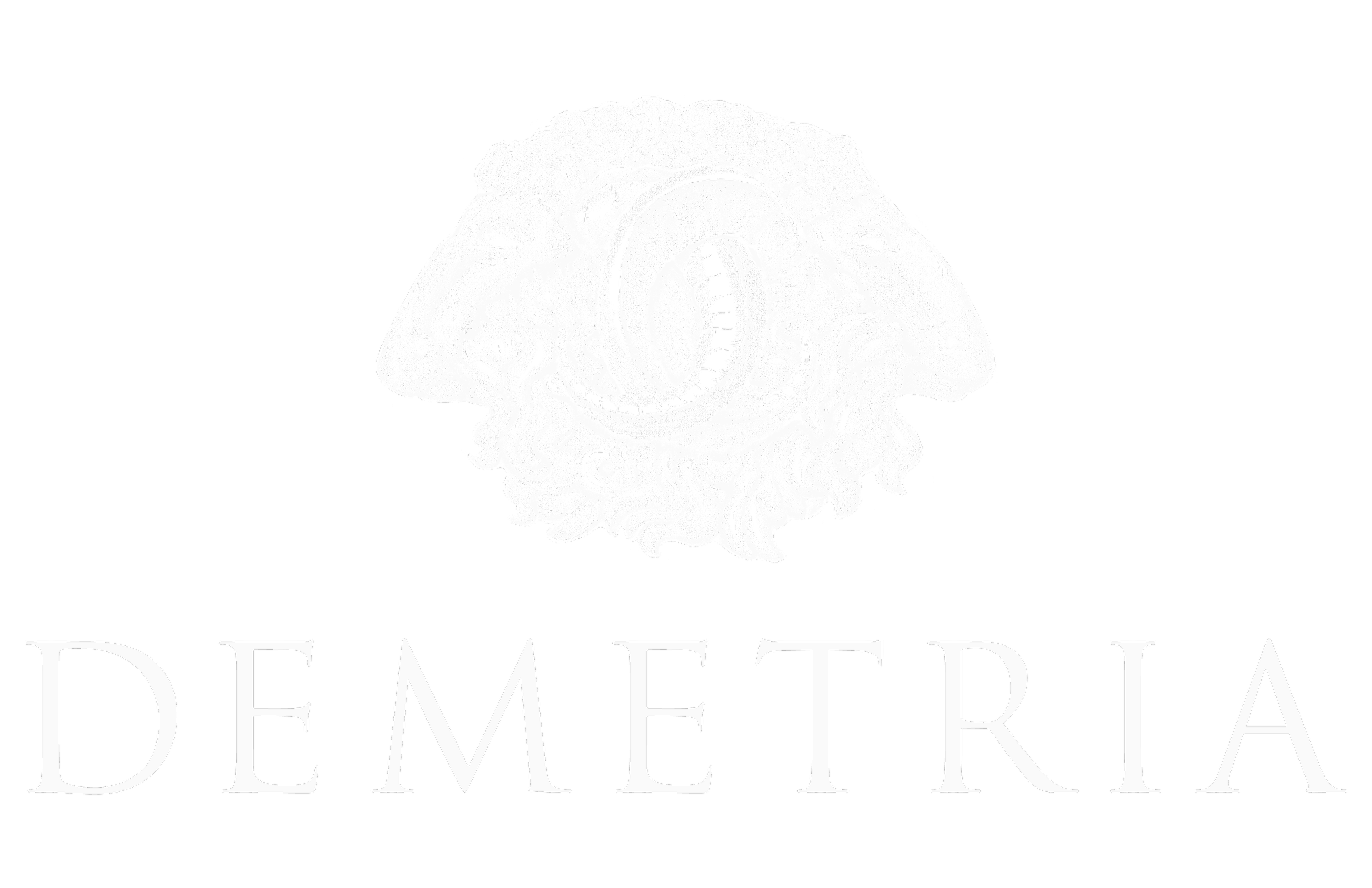 Black background with a white, intricate illustration of a creature with multiple animal heads and a coiled body, above the word 'DEMERTRIA' in white, serif font.