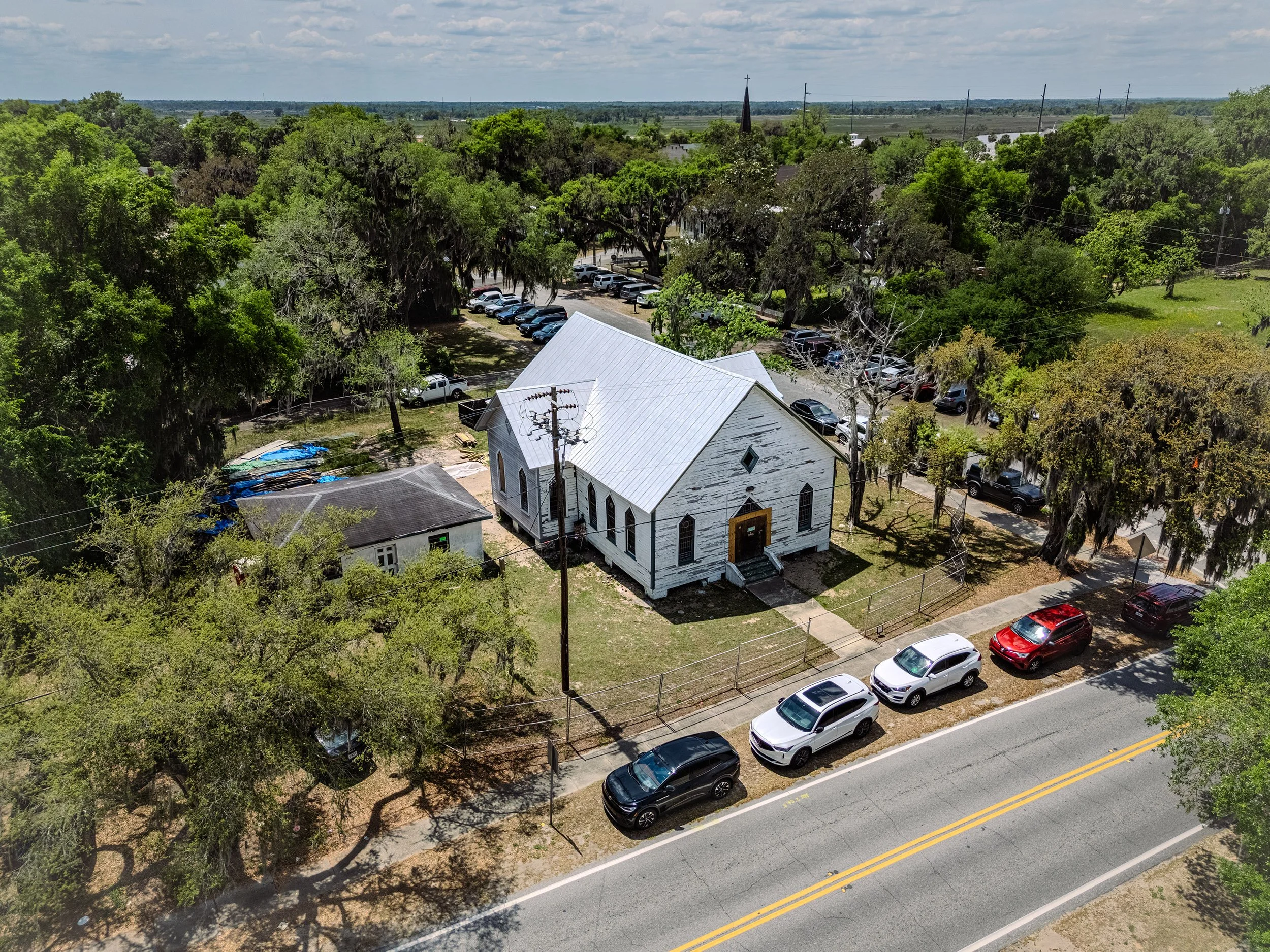 Drone aerial photography church renovation coastal Darien GA.