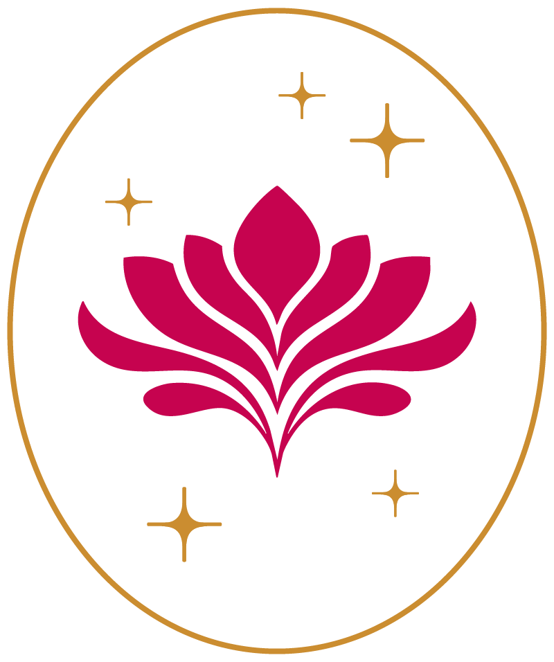 A pink stylized flower with curved petals surrounded by four gold stars and enclosed in a gold oval outline on a black background.