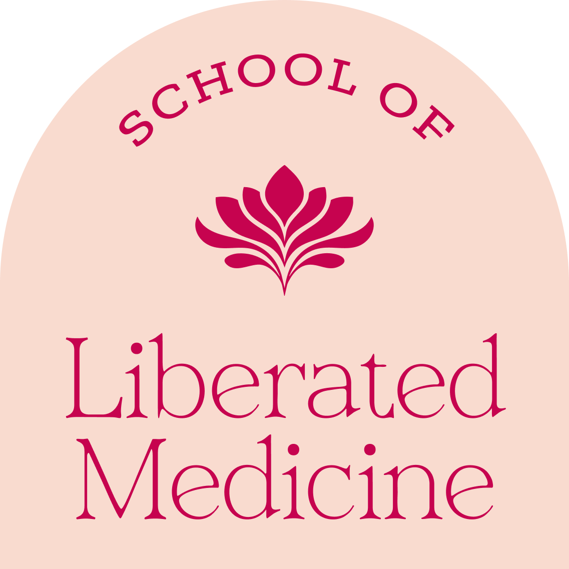 A logo with a pink background and maroon text that reads "School of Liberated Medicine" with a stylized floral emblem in the center.